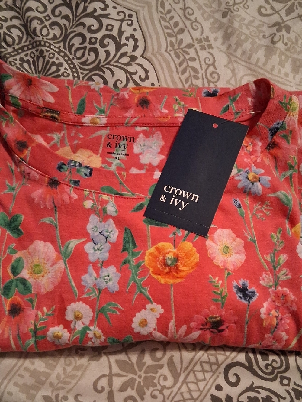 crown & ivy Coral Multicolor Floral Tee